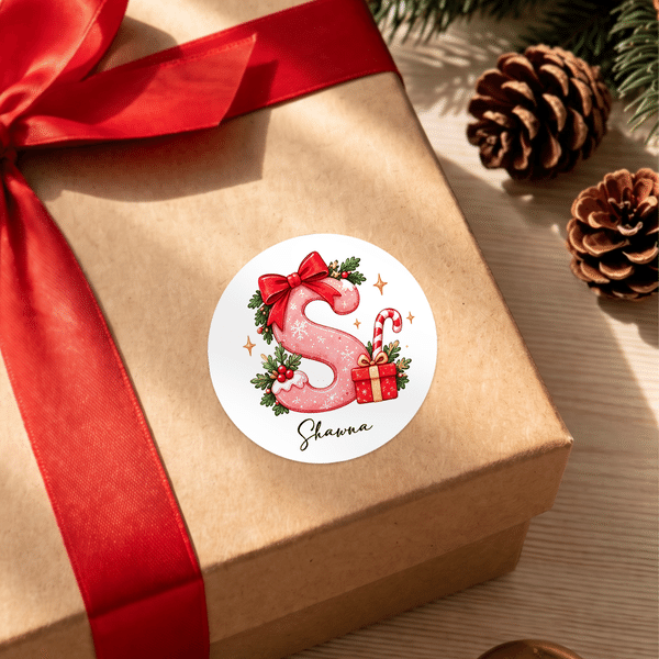 Personalised Christmas Theme Initial Waterproof Stickers with Name Gift Decor Christmas Gift for Kids Family Friends