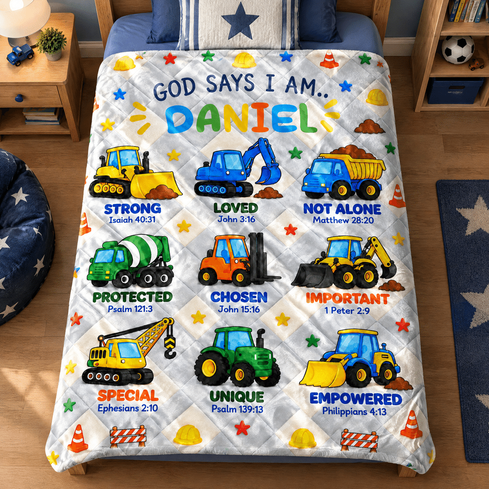 Personalised Multicolour Construction Vehicle & Bible Verse Soft Throw Blanket with Name Home Decor Christmas Gift for Kid Lorry Lover Christian 3