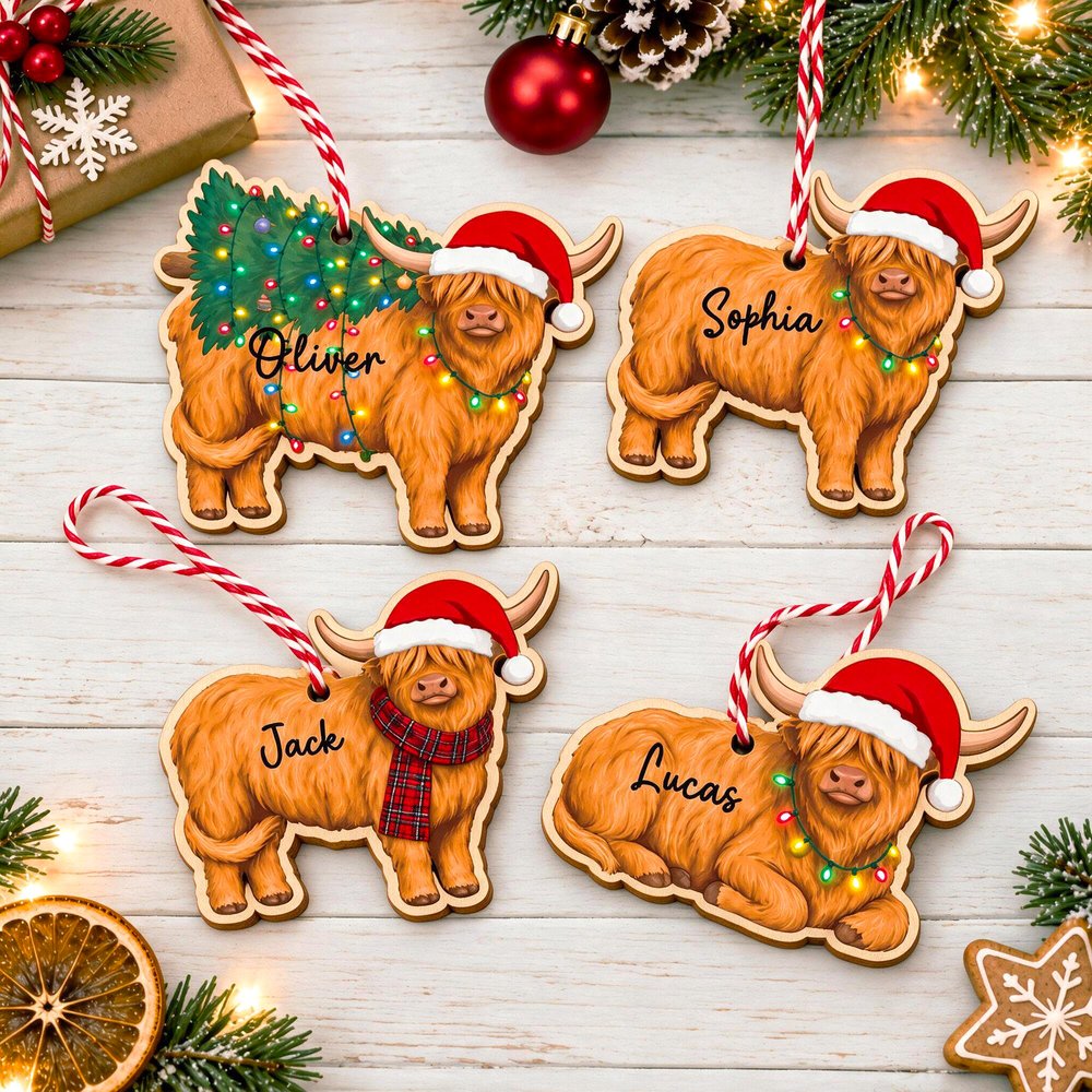 Personalized Christmas Hat Highland Cow Wooden Ornament with Name Home Decor Christmas Gift for Highland Cow Lovers Friends 5
