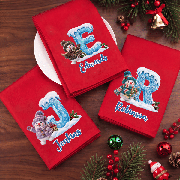 Personalized 3D-Effect Art Cute Yarn Snowman Initial 100% Cotton Red Napkin with Name Table Decor Christmas Gift for Family Friends