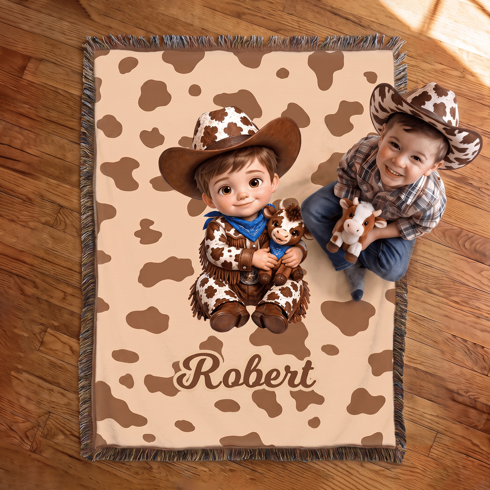 Personalized Cartoon Cowboy Cowgirl Photo Cow Print Tassel Soft Throw Blanket with Name Home Decor Birthday Christmas Gift for Boys Girls 4