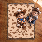 Personalized Cartoon Cowboy Cowgirl Photo Cow Print Tassel Soft Throw Blanket with Name Home Decor Birthday Christmas Gift for Boys Girls 4