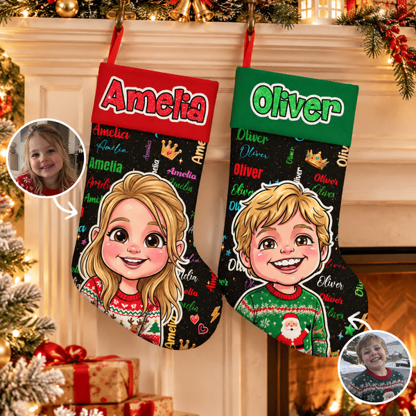 Personalised Cute Cartoon Comic Photo Multicolour Christmas Stocking with Name Home Decoration Christmas Gift for Kids Family Friends
