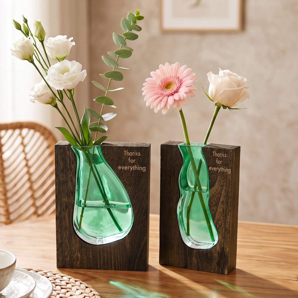 Gepersonaliseerde, artistieke vaas van groen, golvend glas met houtnerfmotief en gegraveerde naam – woondecoratie, cadeau voor een jubileum of verjaardag voor mama of oma 2
