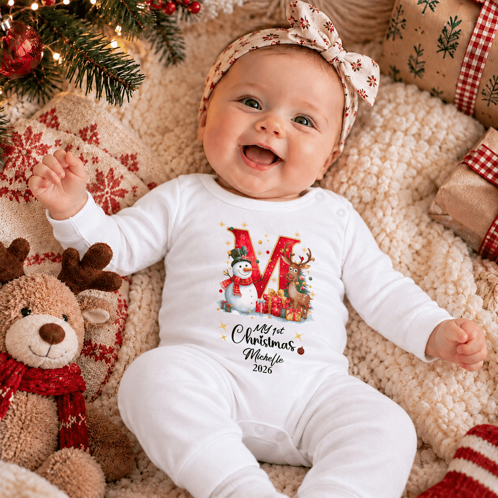 Personalized Reindeer Snowman 100% Cotton Bodysuit Baby Romper Bib Set with Name and Year Baby First Christmas Announcement Birthday Gift for Baby 3
