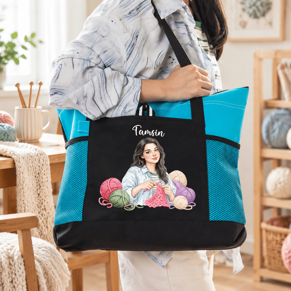 Personalised Crochet Lover Photo Large Capacity Tote Bag with Name and Mesh Pockets Birthday Christmas Gift for Knitting Crochet Lover 3