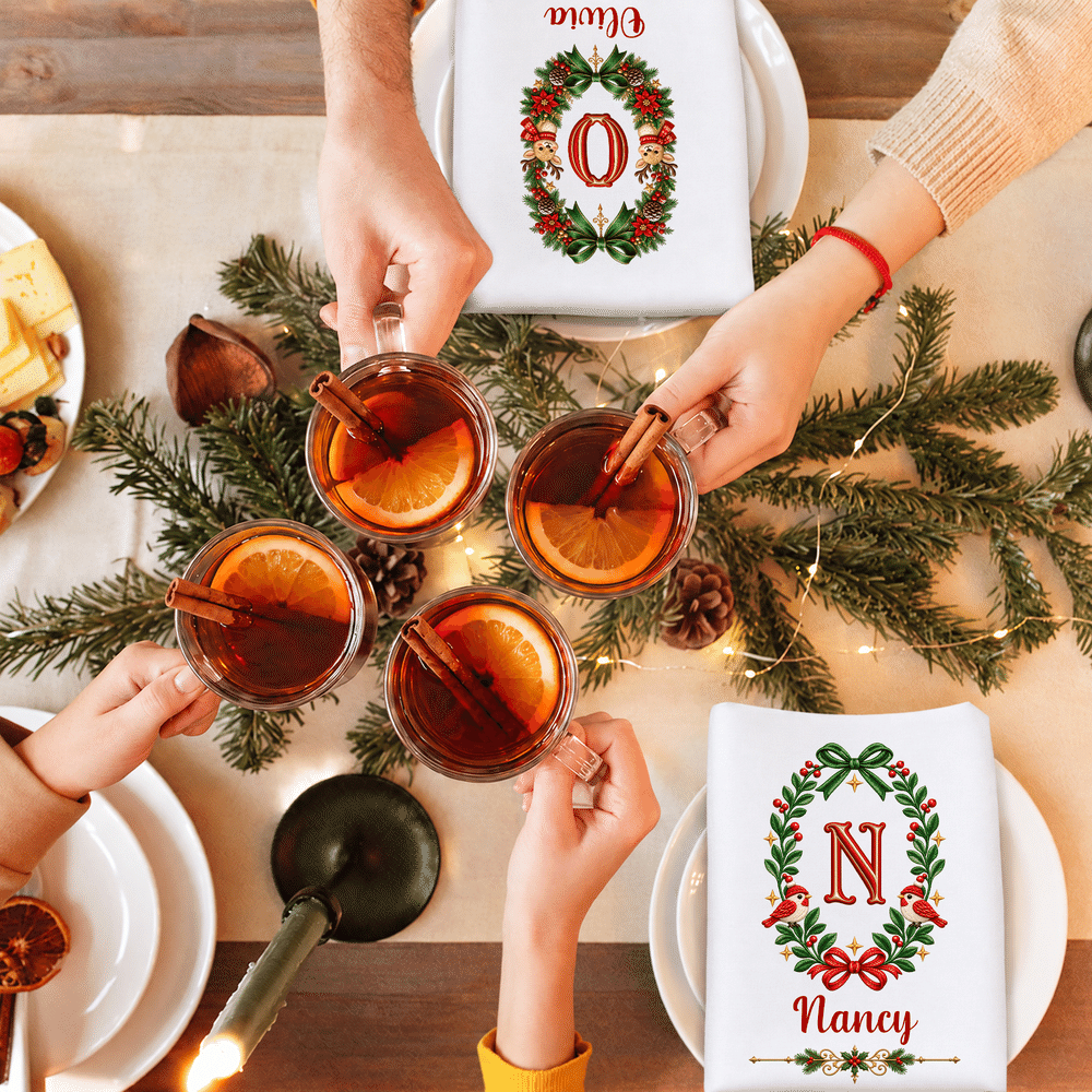 Personalized Large Christmas Wreath Initial 100% Cotton Christmas Table Napkin with Name Table Decoration Christmas Gift for Family Friend 5