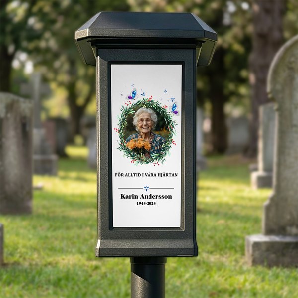 Personlig gravlykta med solceller för alla helgons dag minneslampa med eget foto och namn en vacker hyllning på kyrkogården