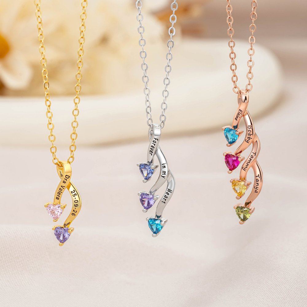 Personalized Minimalist Family 2-8 Heart Shaped Birthstones Necklace with Engraved Names Mother's Day Birthday Gift for Women Mom 2