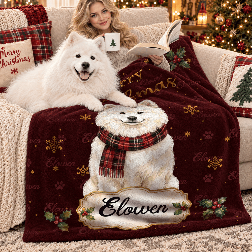 Personalized Merry Woofmas Red Plaid Scarf Pet Photo Warm Throw Blanket with Name Home Decor Christmas Gift for Pet Owner 3
