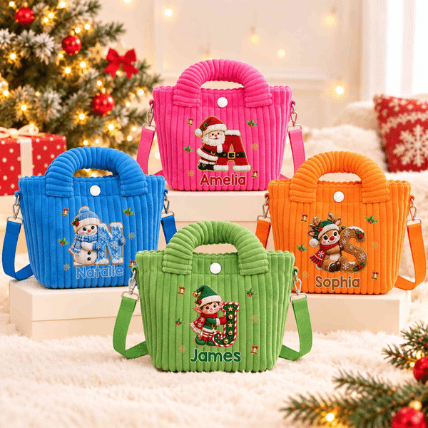 Personalized 3D-Style Art Santa Snowman Christmas Corduroy Crossbody Handbag with Name and Initial Christmas Gift for Boys Girls Family