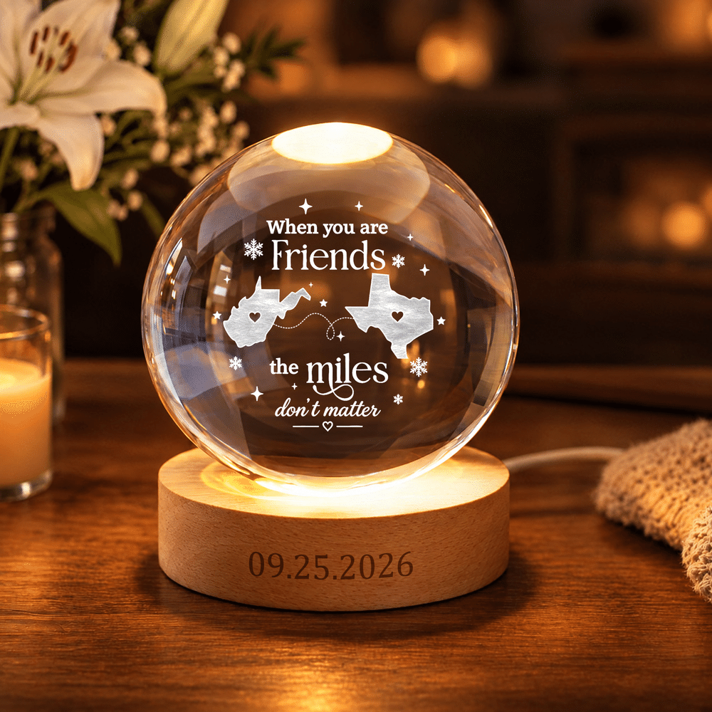 Personalized State Map Round Crystal Ball LED Night Light with Text Date and Wooden Base Memorial Bedroom Gift for Family Friend 2