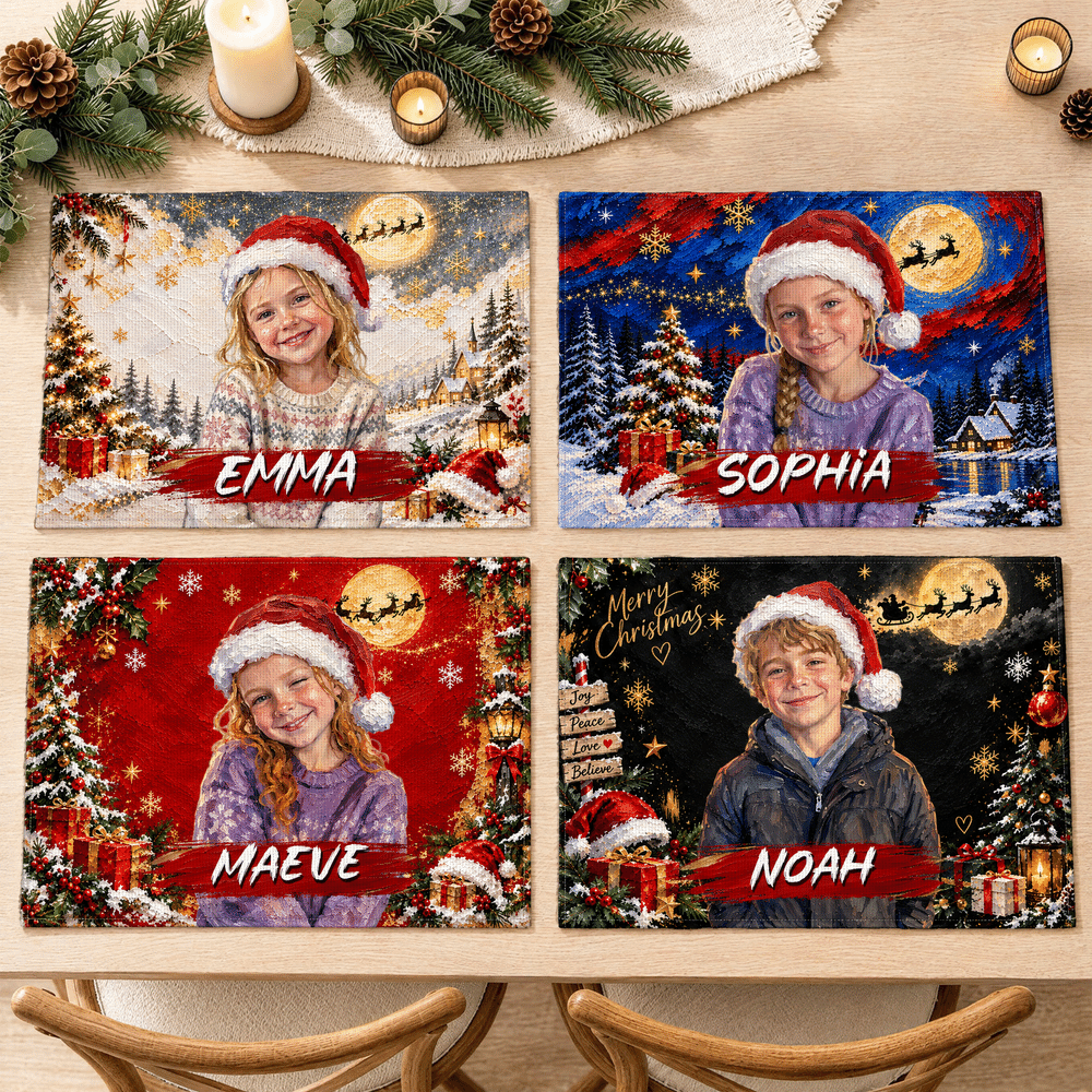 Personalized Christmas Theme Oil Painting Style Character Photo Placemat with Name Kitchen Dining Decor Christmas Gift for Friends Family 6