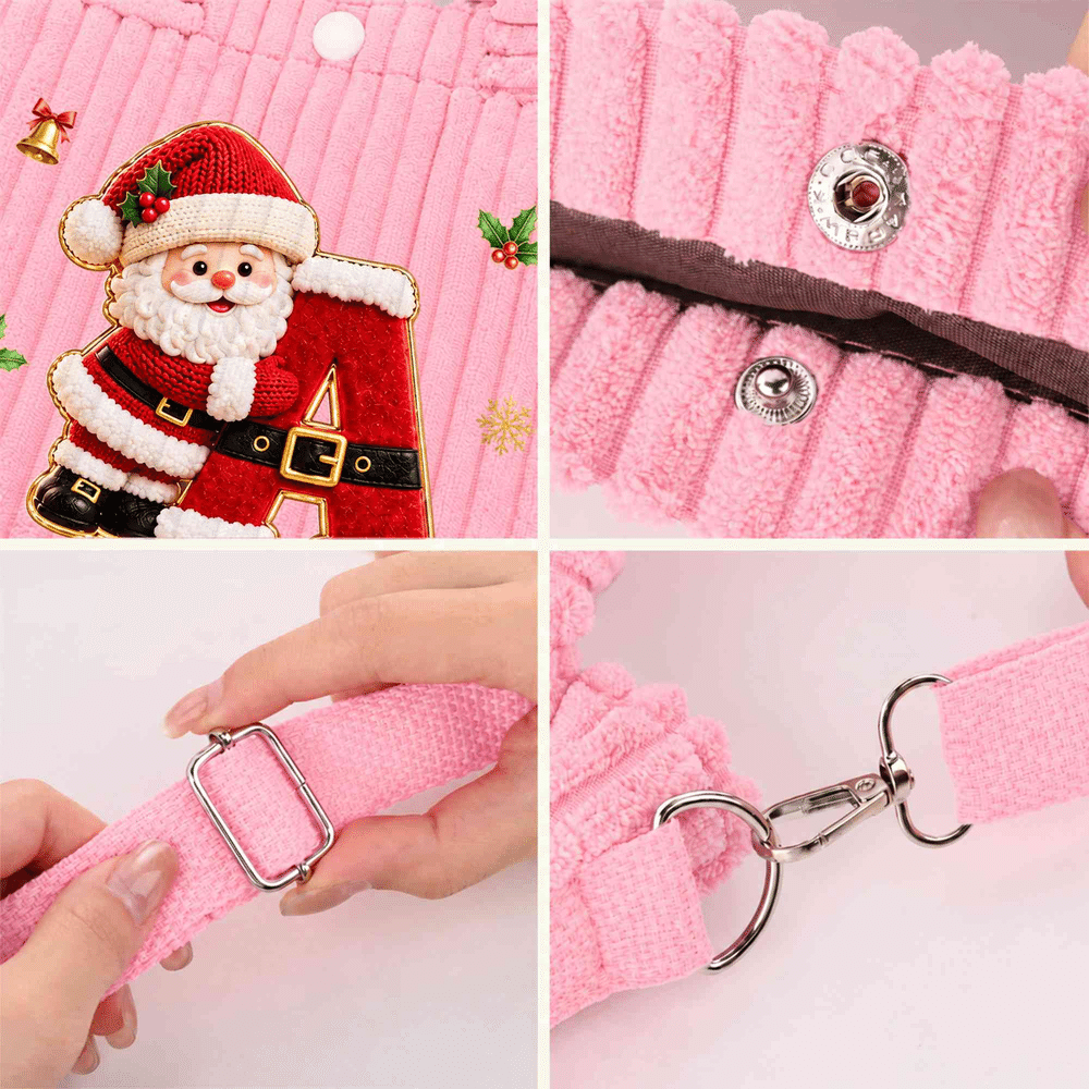 Personalized 3D-Style Art Santa Snowman Christmas Corduroy Crossbody Handbag with Name and Initial Christmas Gift for Boys Girls Family 7