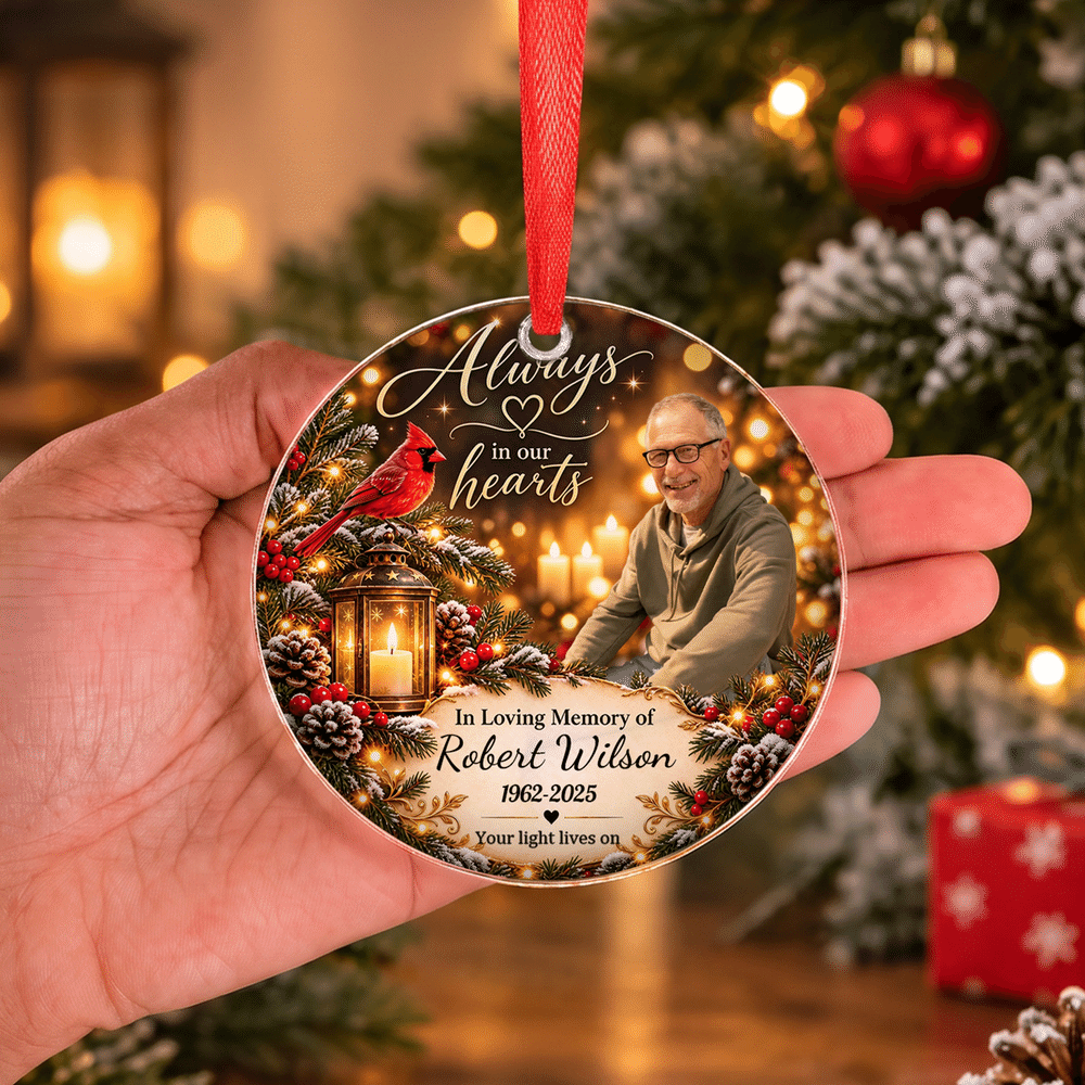 Personalised Always In Our Hearts Photo Acrylic Glass Ornament with Name and Year Christmas Memorial Sympathy Gift for Loss of Loved Ones 5