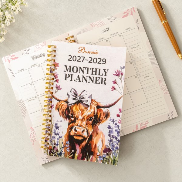 Personalized Watercolor Highland Cow Name 2027-2029 Spiral Planner Notebook with Monthly Planner Pages Birthday New Year Gift for Family Friends
