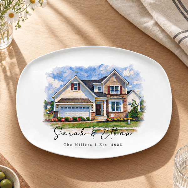 Personalised Oil Painting Style House Photo Decorative Plate with Text Home Decor Housewarming Birthday Gift for Family New Home Mover Newlywed