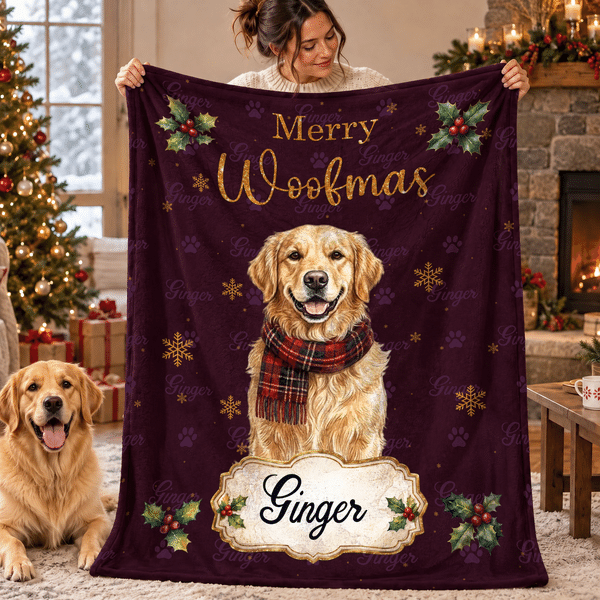 Personalized Merry Woofmas Red Plaid Scarf Pet Photo Warm Throw Blanket with Name Home Decor Christmas Gift for Pet Owner