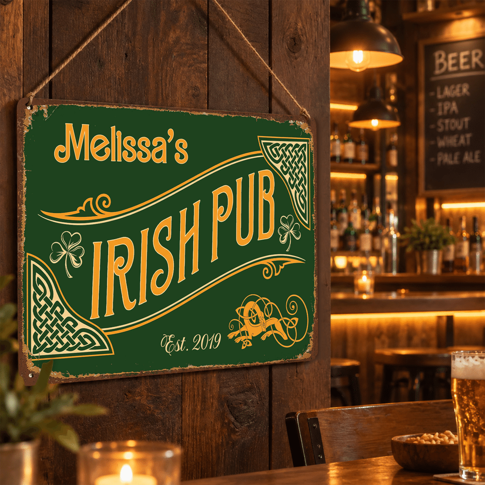 Personalised Vintage Shamrock Irish Pub Green Metal Sign with Name and Year Wall Decor Birthday Christmas Gift for Father Husband Drinker 2
