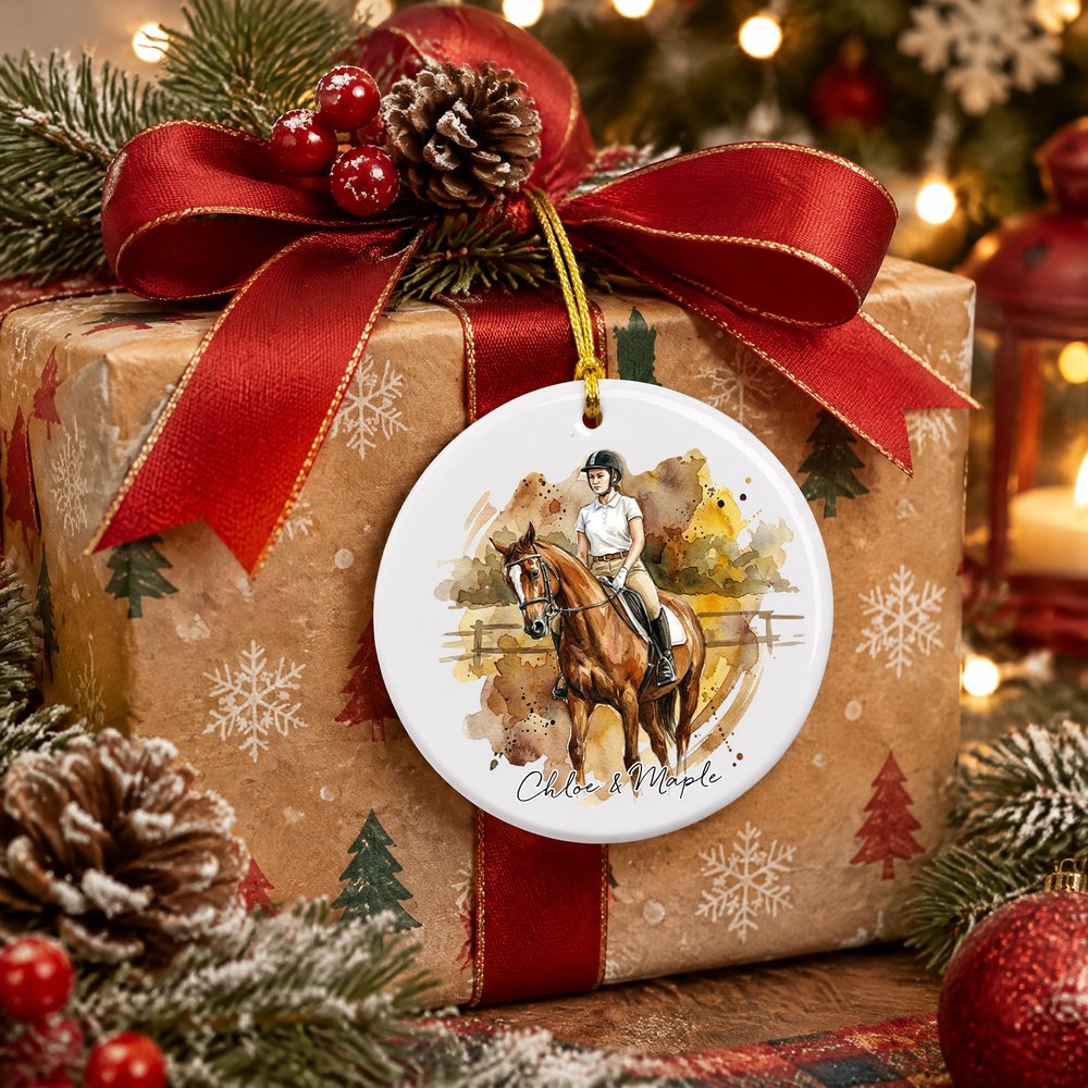 Décoration d'intérieur personnalisée en céramique avec photo d'un cheval et de son propriétaire, effet « éclaboussures de peinture » et texte – Cadeau de Noël pour les réunions de famille, destiné aux propriétaires et aux passionnés de chevaux 4