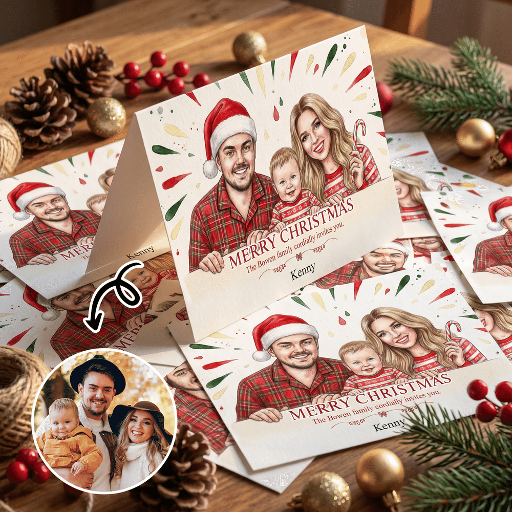 Personalized Merry Christmas Hand-Drawn Style Character Photo Greeting Card with Text Christmas Gift for Friends Family 4