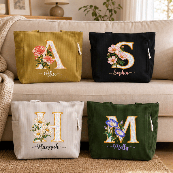 Sac fourre-tout en velours côtelé personnalisé avec initiale nacrée et fleur de naissance, avec prénom : cadeau d'anniversaire ou de Noël pour un usage quotidien, destiné à la famille, aux amis et aux femmes