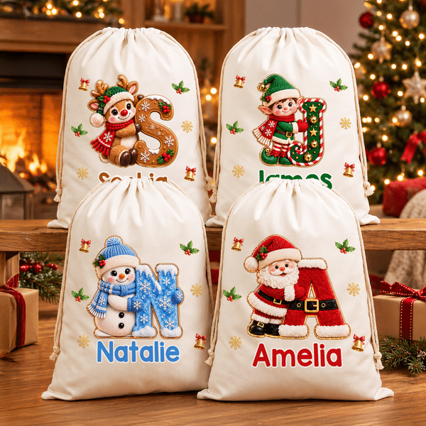 Personalized 3D-Style Artwork Christmas Theme Initial Large Canvas Drawstring Gift Bag with Name Christmas Party Holiday Gift for Kid Family