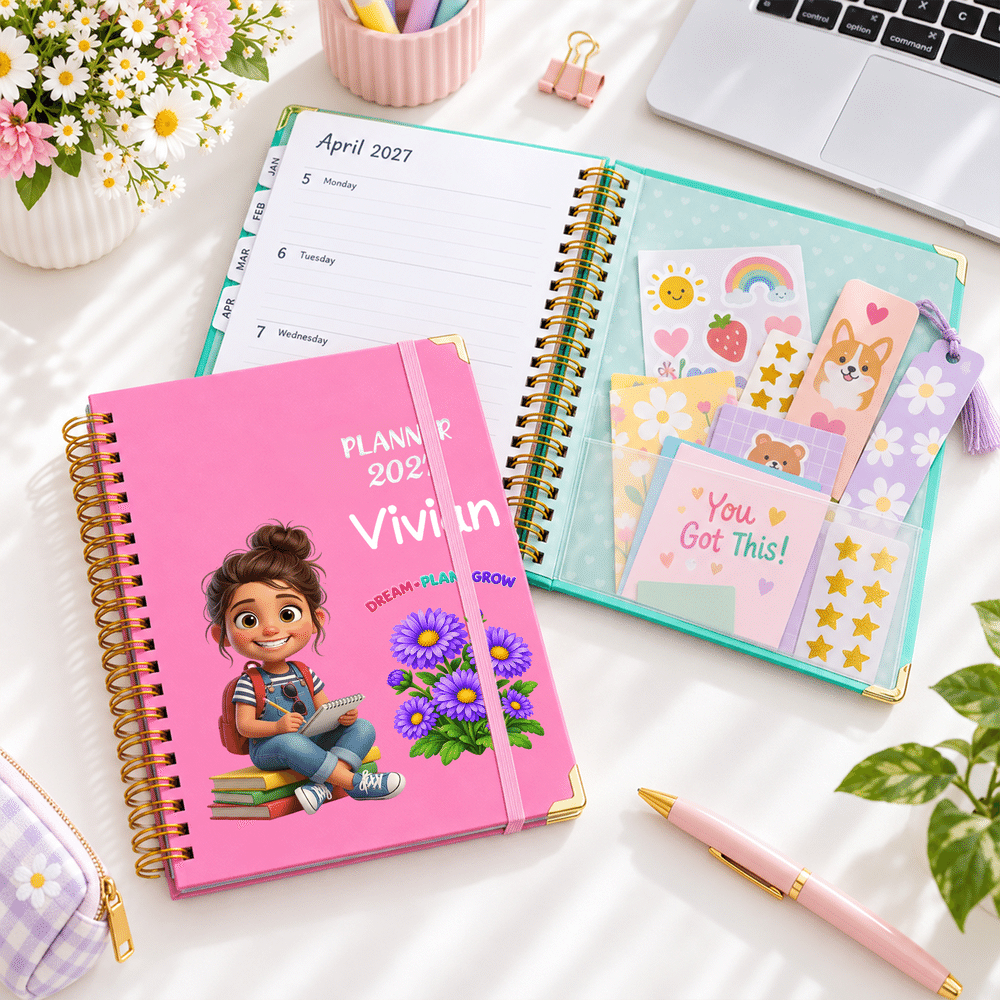 Personalized 3D-Effect Artwork Birth Flower Cartoon Character Photo 2027 Planner A5 Notebook with Name Birthday Office Gift for Students Art Workers 3