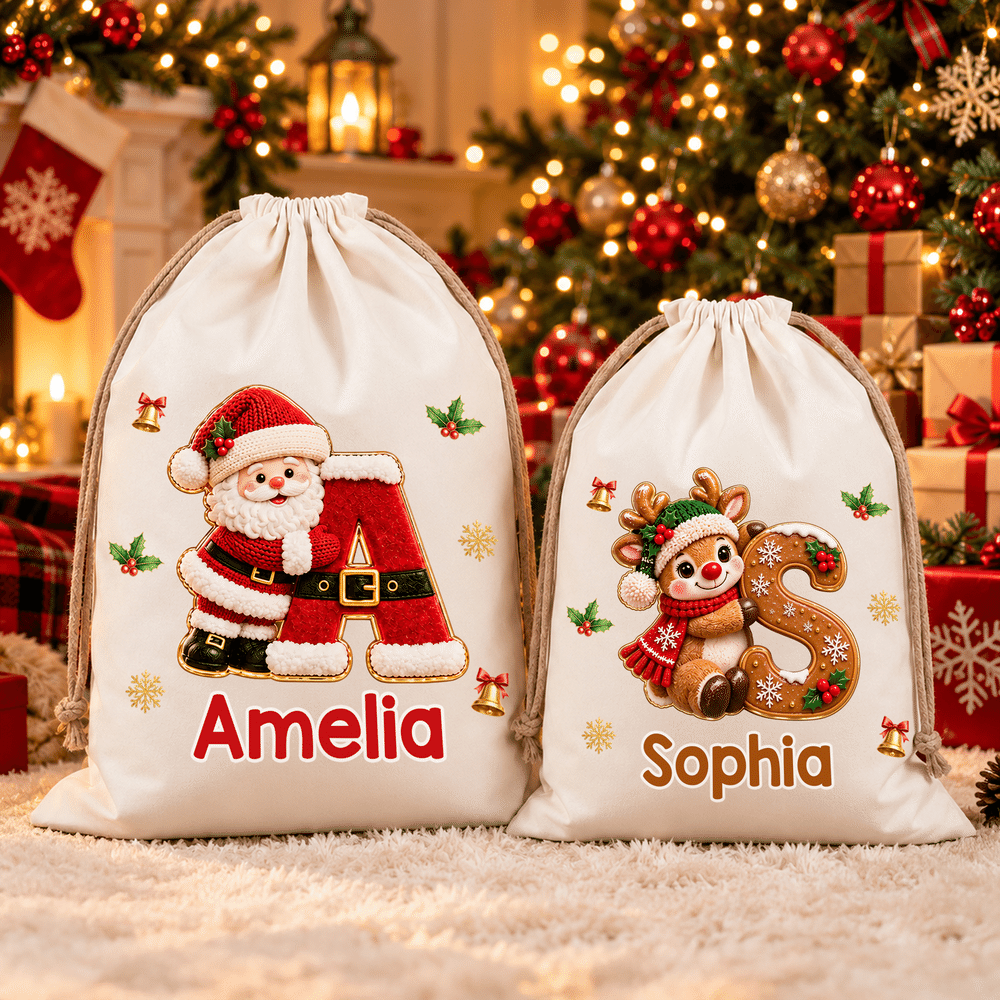 Personalized 3D-Style Artwork Christmas Theme Initial Large Canvas Drawstring Gift Bag with Name Christmas Party Holiday Gift for Kid Family 2