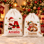 Personalized 3D-Style Artwork Christmas Theme Initial Large Canvas Drawstring Gift Bag with Name Christmas Party Holiday Gift for Kid Family 2