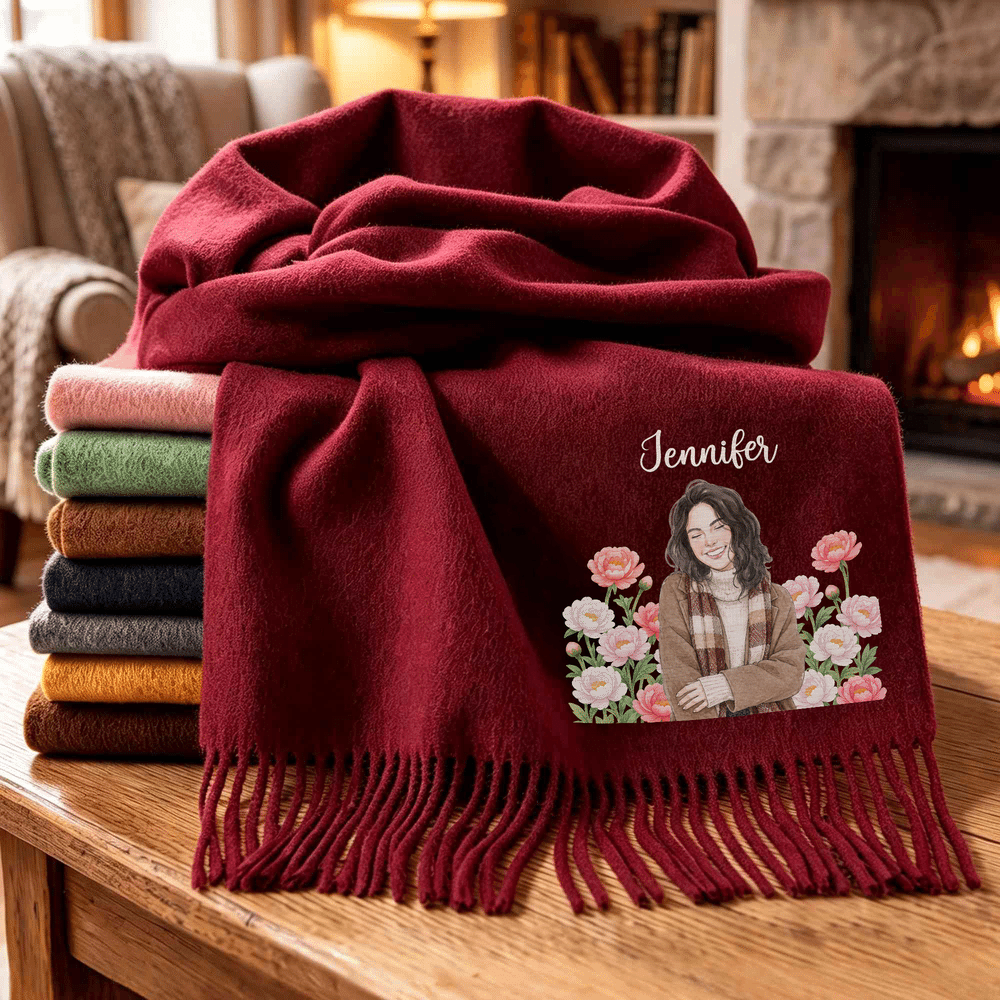 Personalised Watercolor Photo Birth Flower Soft Warm Tassel Scarf with Name Winter Accessory Birthday Christmas Gift for Family Friends Women 6