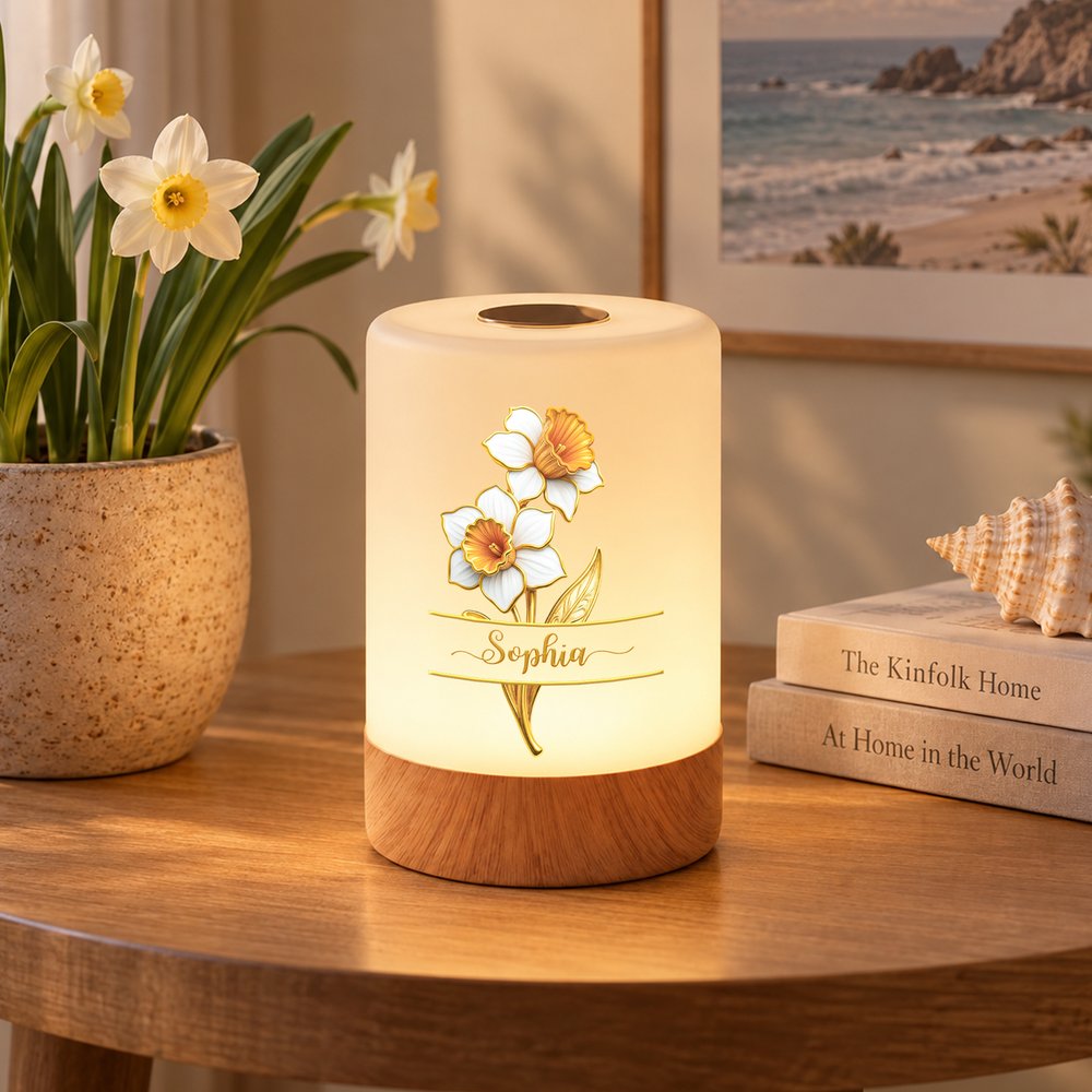 Personalised Gold-Edged Birth Flower Dimmable Touch LED Night Light with Name and Adjustable Colors Birthday Christmas Gift for Woman New Mum 1