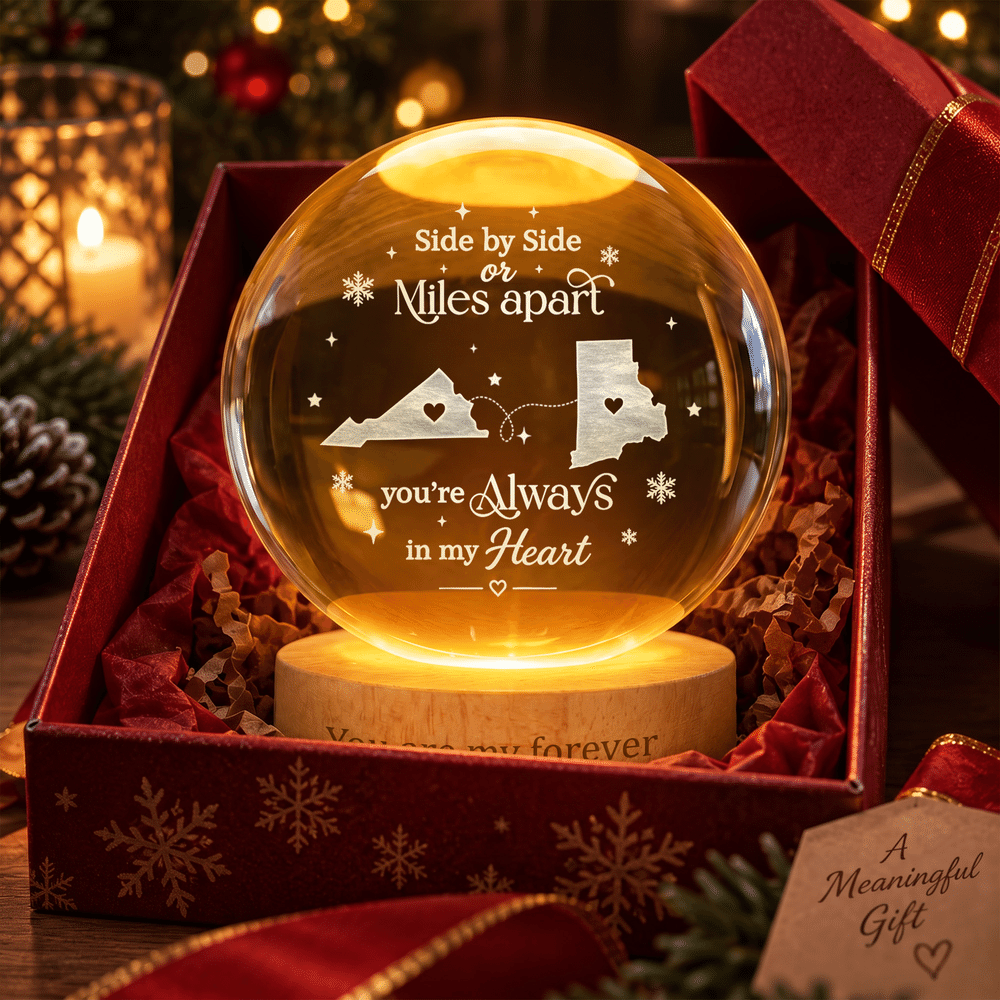 Personalized State Map Round Crystal Ball LED Night Light with Text Date and Wooden Base Memorial Bedroom Gift for Family Friend 4