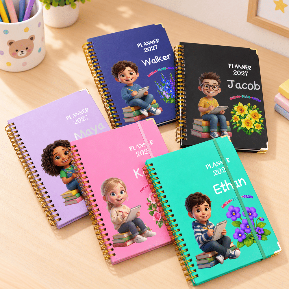 Personalized 3D-Effect Artwork Birth Flower Cartoon Character Photo 2027 Planner A5 Notebook with Name Birthday Office Gift for Students Art Workers 4