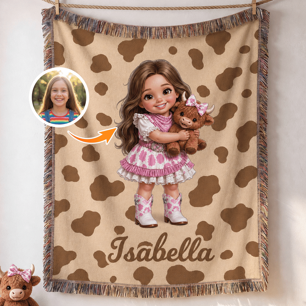 Personalized Cartoon Cowboy Cowgirl Photo Cow Print Tassel Soft Throw Blanket with Name Home Decor Birthday Christmas Gift for Boys Girls 1