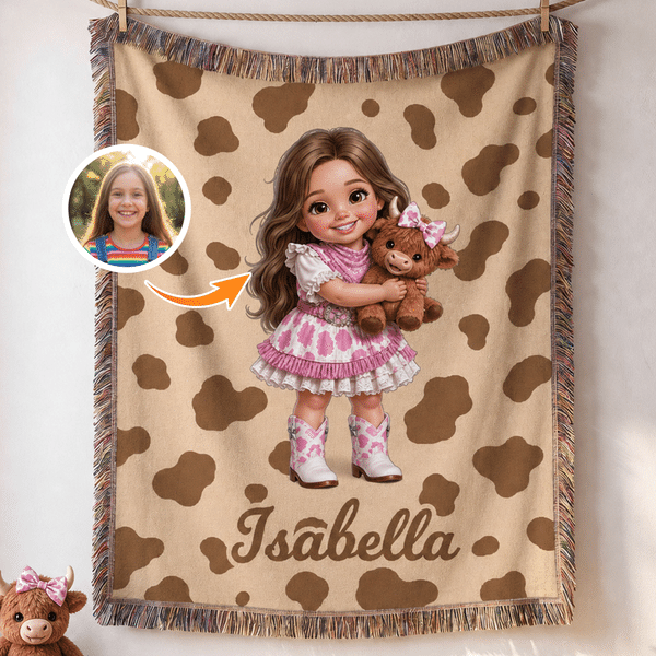 Personalized Cartoon Cowboy Cowgirl Photo Cow Print Tassel Soft Throw Blanket with Name Home Decor Birthday Christmas Gift for Boys Girls