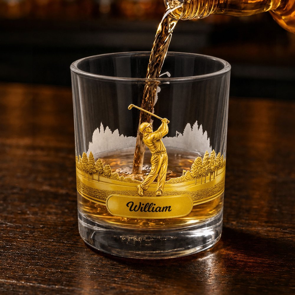 Personalised Golf Swing Character Name 10 oz Rock Old Fashioned Whisky Glass Game Day Birthday Gift for Golf Lovers 5