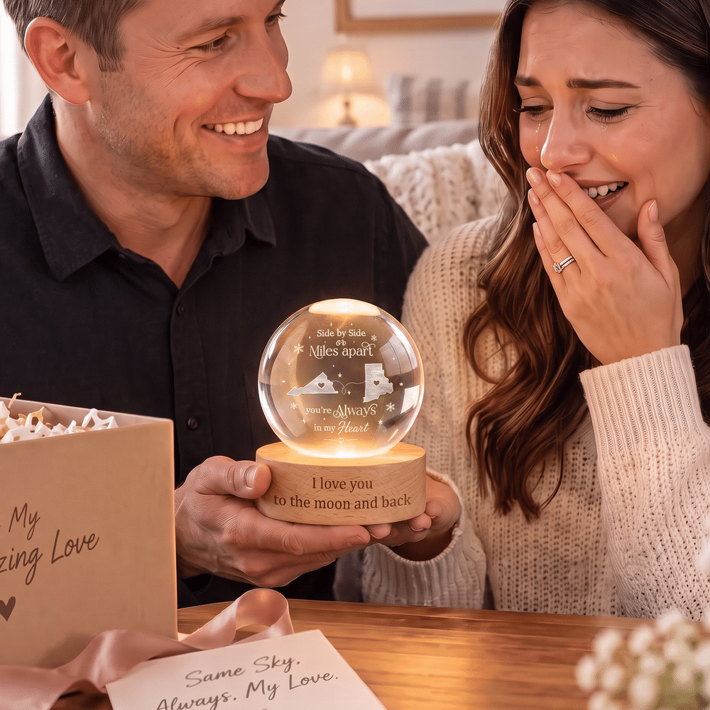 Personalized State Map Round Crystal Ball LED Night Light with Text Date and Wooden Base Memorial Bedroom Gift for Family Friend 5
