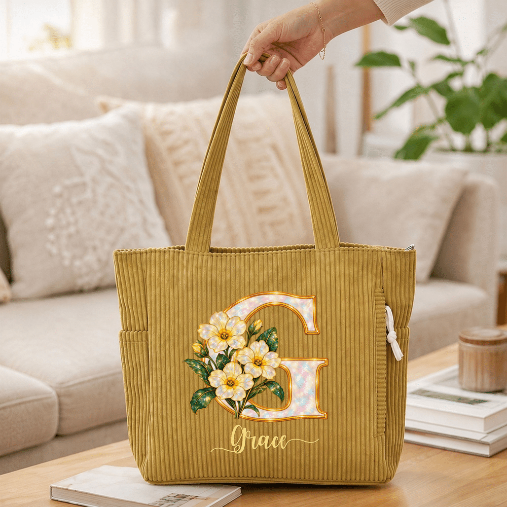 Sac fourre-tout en velours côtelé personnalisé avec initiale nacrée et fleur de naissance, avec prénom : cadeau d'anniversaire ou de Noël pour un usage quotidien, destiné à la famille, aux amis et aux femmes 2