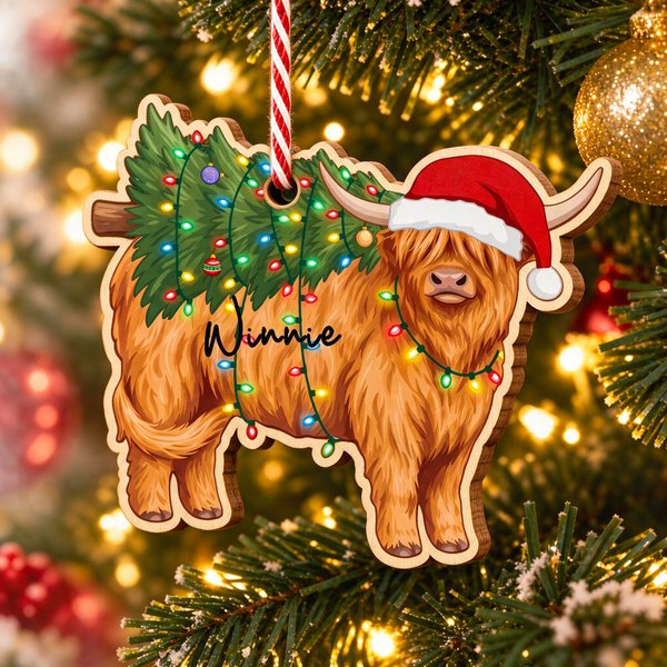 Personalized Christmas Hat Highland Cow Wooden Ornament with Name Home Decor Christmas Gift for Highland Cow Lovers Friends
