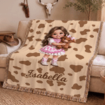 Personalized Cartoon Cowboy Cowgirl Photo Cow Print Tassel Soft Throw Blanket with Name Home Decor Birthday Christmas Gift for Boys Girls 3
