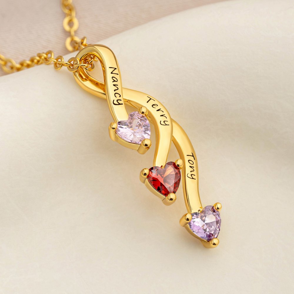 Personalized Minimalist Family 2-8 Heart Shaped Birthstones Necklace with Engraved Names Mother's Day Birthday Gift for Women Mom 6