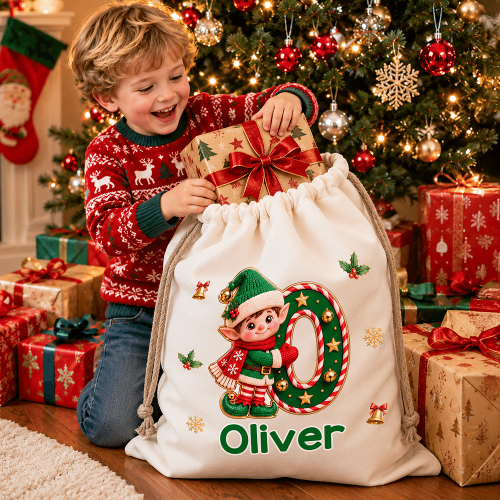 Personalized 3D-Style Artwork Christmas Theme Initial Large Canvas Drawstring Gift Bag with Name Christmas Party Holiday Gift for Kid Family 5