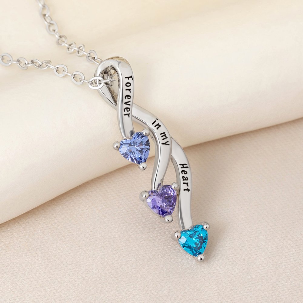 Personalized Minimalist Family 2-8 Heart Shaped Birthstones Necklace with Engraved Names Mother's Day Birthday Gift for Women Mom 1