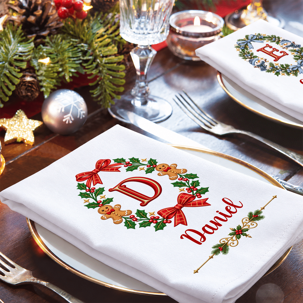Personalized Large Christmas Wreath Initial 100% Cotton Christmas Table Napkin with Name Table Decoration Christmas Gift for Family Friend 3