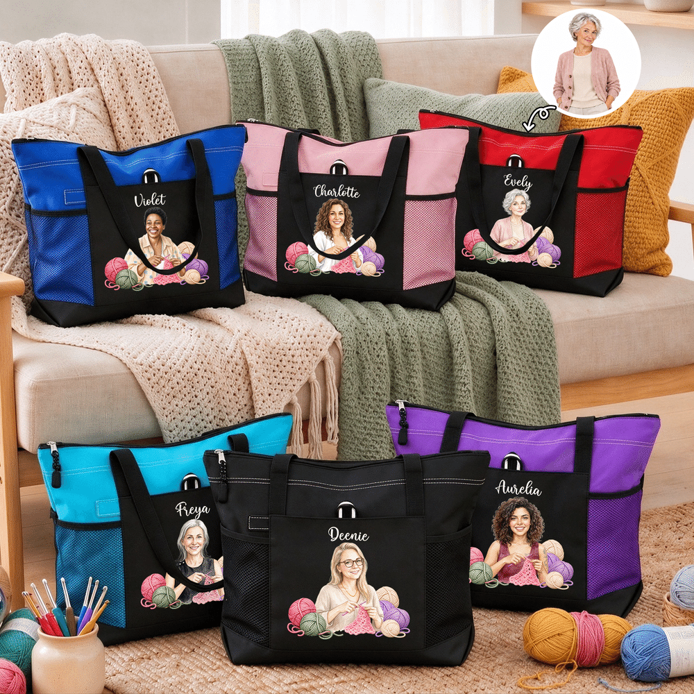 Personalised Crochet Lover Photo Large Capacity Tote Bag with Name and Mesh Pockets Birthday Christmas Gift for Knitting Crochet Lover 5