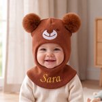 Cappellino personalizzato, in morbida maglia con orecchie da orsetto, mascherina e nome - Regalo di compleanno per neonati e bambini 1