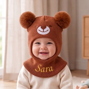 Cappellino personalizzato, in morbida maglia con orecchie da orsetto, mascherina e nome - Regalo di compleanno per neonati e bambini
