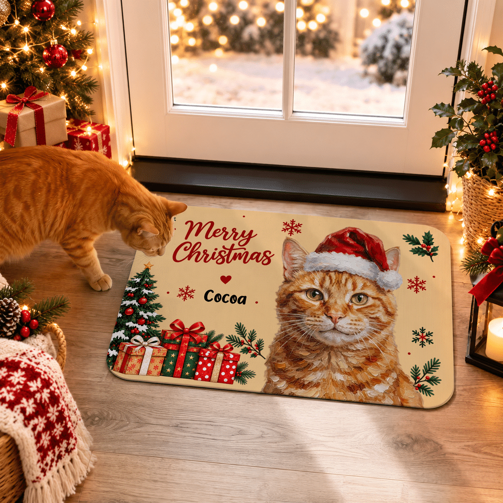 Personalised Christmas Oil Painting Style Cartoon Pet Photo Non-Slip Doormat with Name Christmas Holiday Party Gift for Pet Owners 4