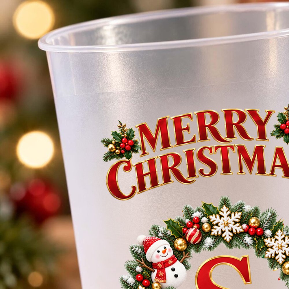 Personalized Christmas Wreath Design Plastic Cups with Initial and Text Set of 10 Family Gathering Christmas Party Gift for Family Friends 6